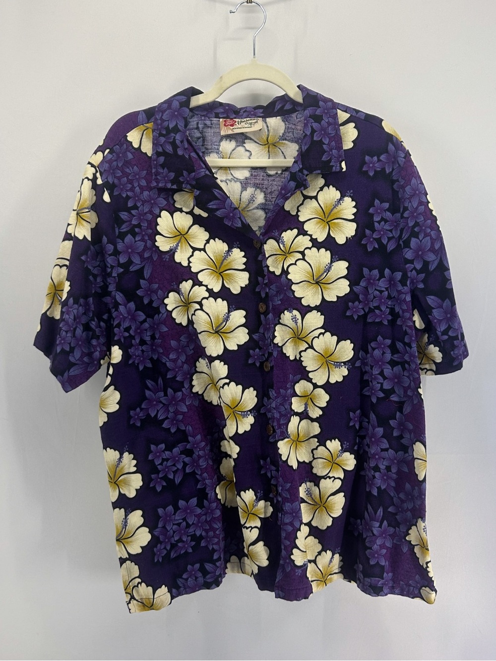 Vintage Hilo Hattie Hawaiian Original Purple Hibiscus Barkcloth Cotton Shirt 1XL